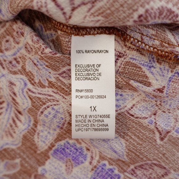 Democracy Collared Button Front Brown Blue Floral Lace Lined Shirt 1X Top Rayon - Picture 9 of 9